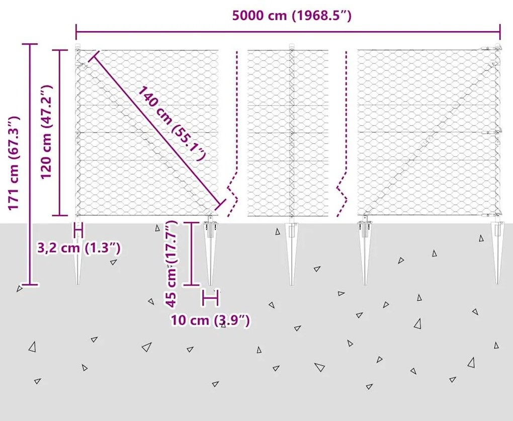 Cerca Hexagonal vidaXL Cinza 1,2x50 m Aço
