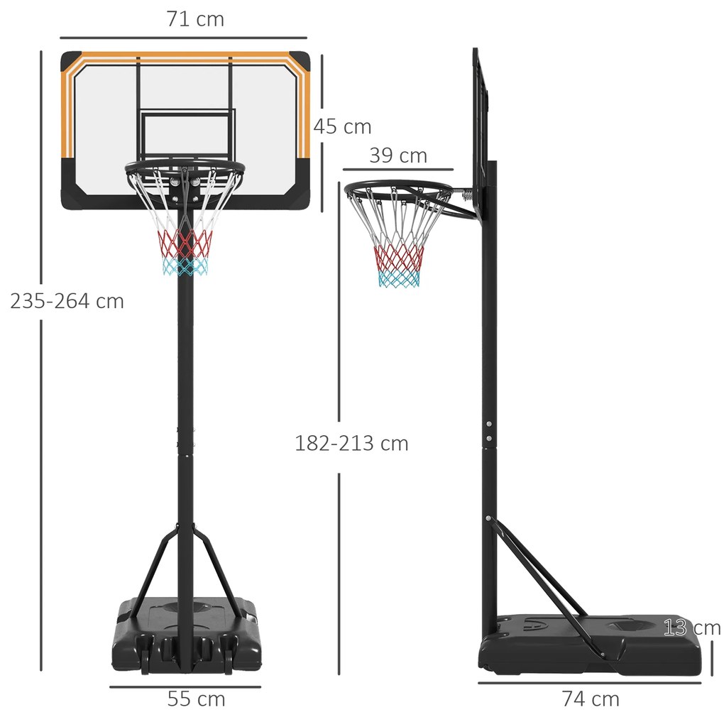 Cesto de Basquetebol de Exterior com Altura Ajustável 235-264 cm Suporte para Bola Rodas e Base Recarregável Preto