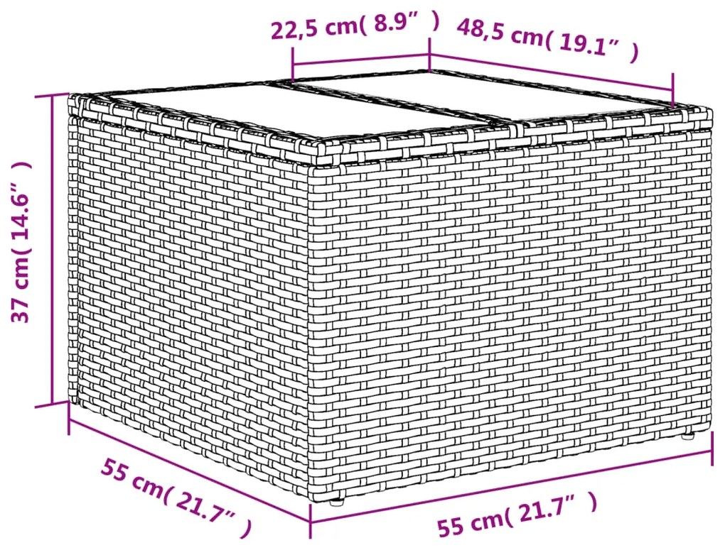 Mesa de jardim com tampo de vidro 55x55x37 cm vime PE castanho