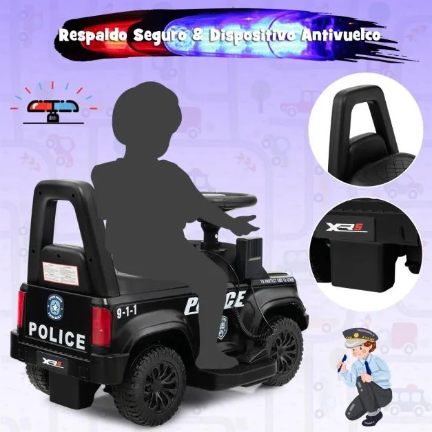 Carro de Polícia Elétrico para Crianças 6V a Bateria com Megafone Alarme Luz para 18-60 Meses 62 x 44 x 43 cm Preto