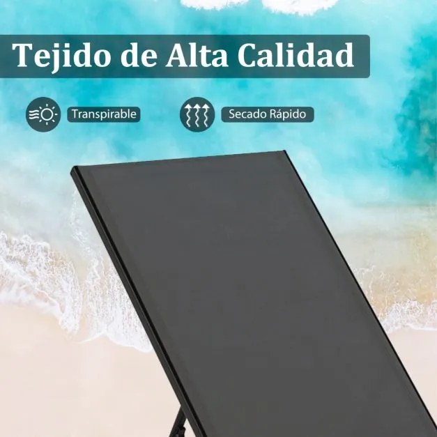 Conjunto de Espreguiçadeira jardim e Mesa de vidro temperado com Encosto ajustável com Rodas para jardim e exterior Cinzenta e Preto