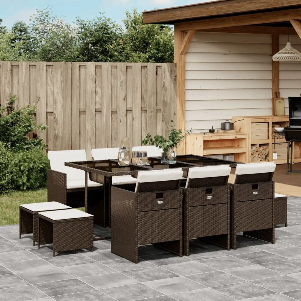 11 pcs conjunto jantar p/ jardim c/ almofadões vime PE castanho