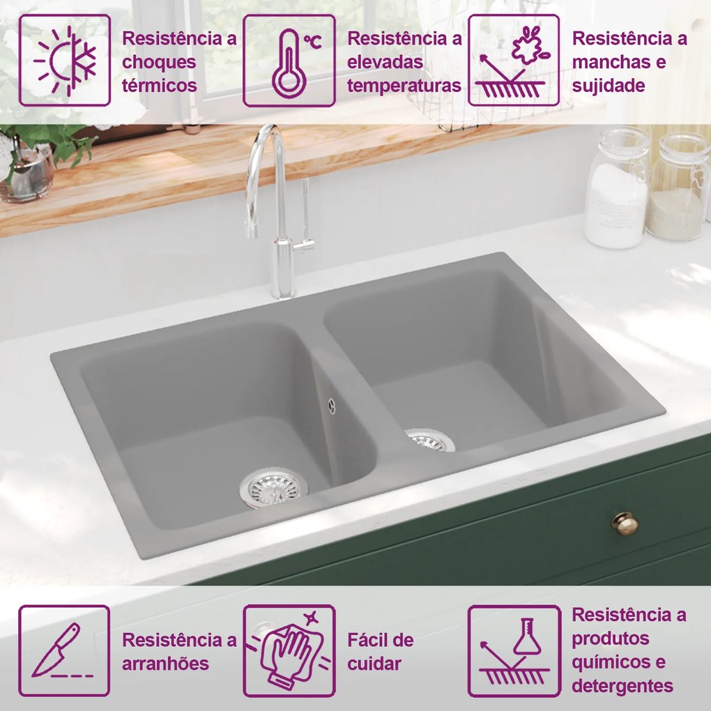 Pia de Cozinha Cinza 760x480x184 mm Granito