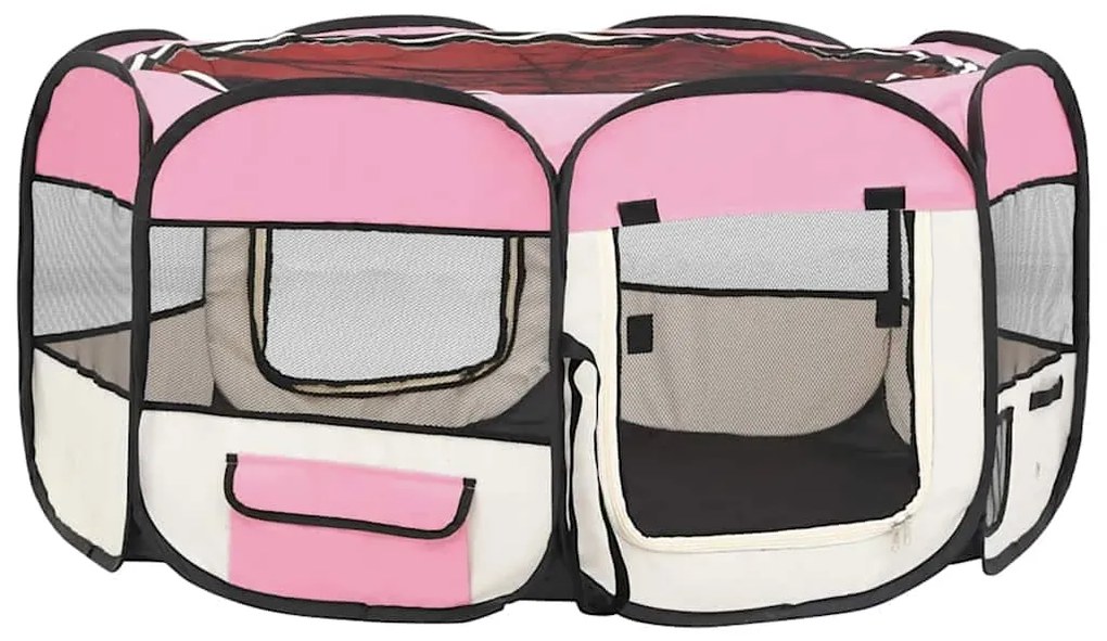 Parque dobrável p/ cão c/ saco de transporte 145x145x61cm rosa