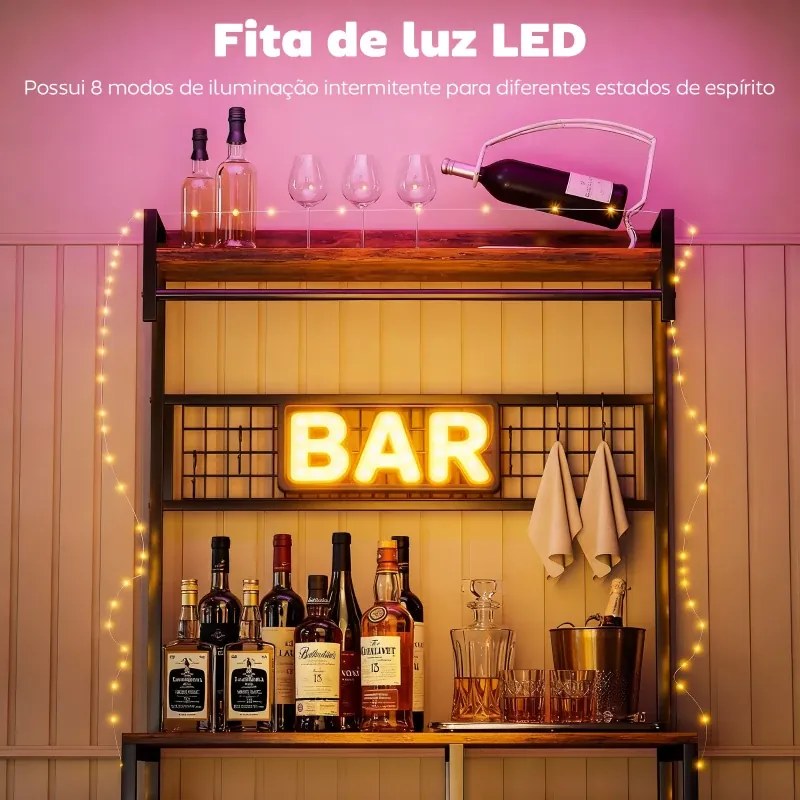 Armario de Cozinha com Três Tomadas e Luzes LED Estilo Industrial com Prateleiras para Micro-ondas 80x42x162 cm Castanho Rústico e Preto