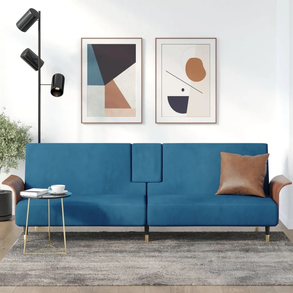 351849 vidaXL Sofá-cama com suporte para copos veludo azul