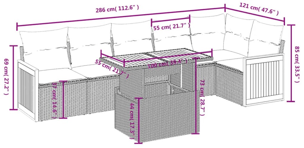 7 pcs conjunto sofás p/ jardim c/ almofadões vime PE cinzento