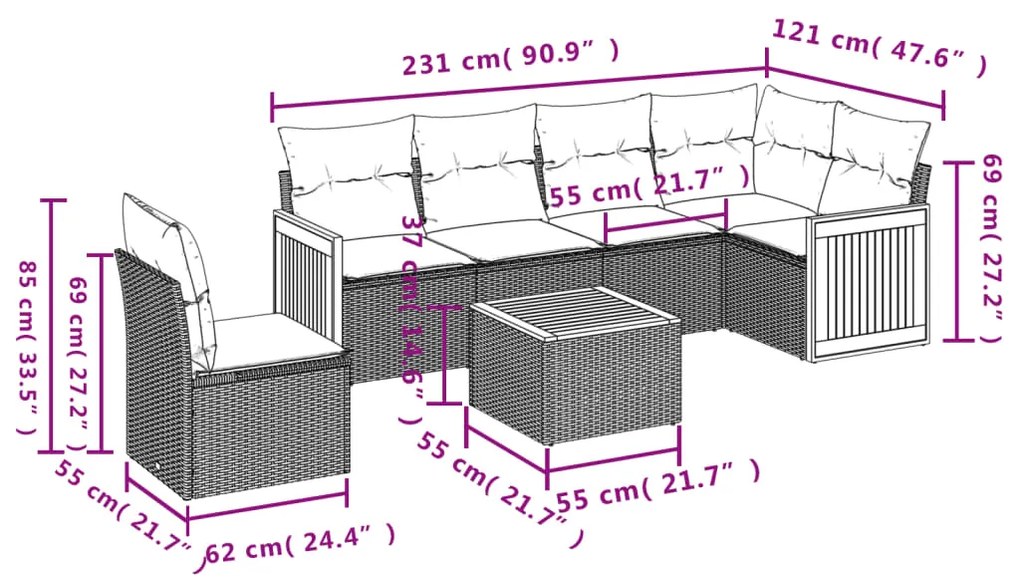 7 pcs conjunto de sofás p/ jardim com almofadões vime PE bege