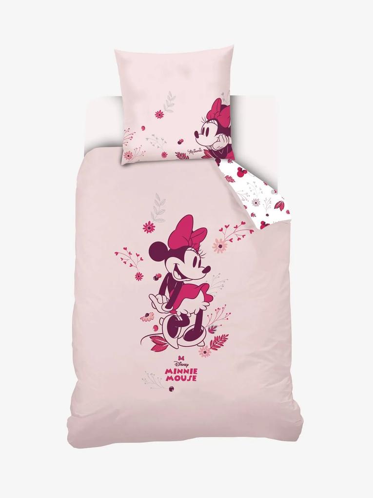 Conjunto capa de edredon reversível  + fronha de almofada, MINNIE® da Disney, para criança rosa claro liso com motivo