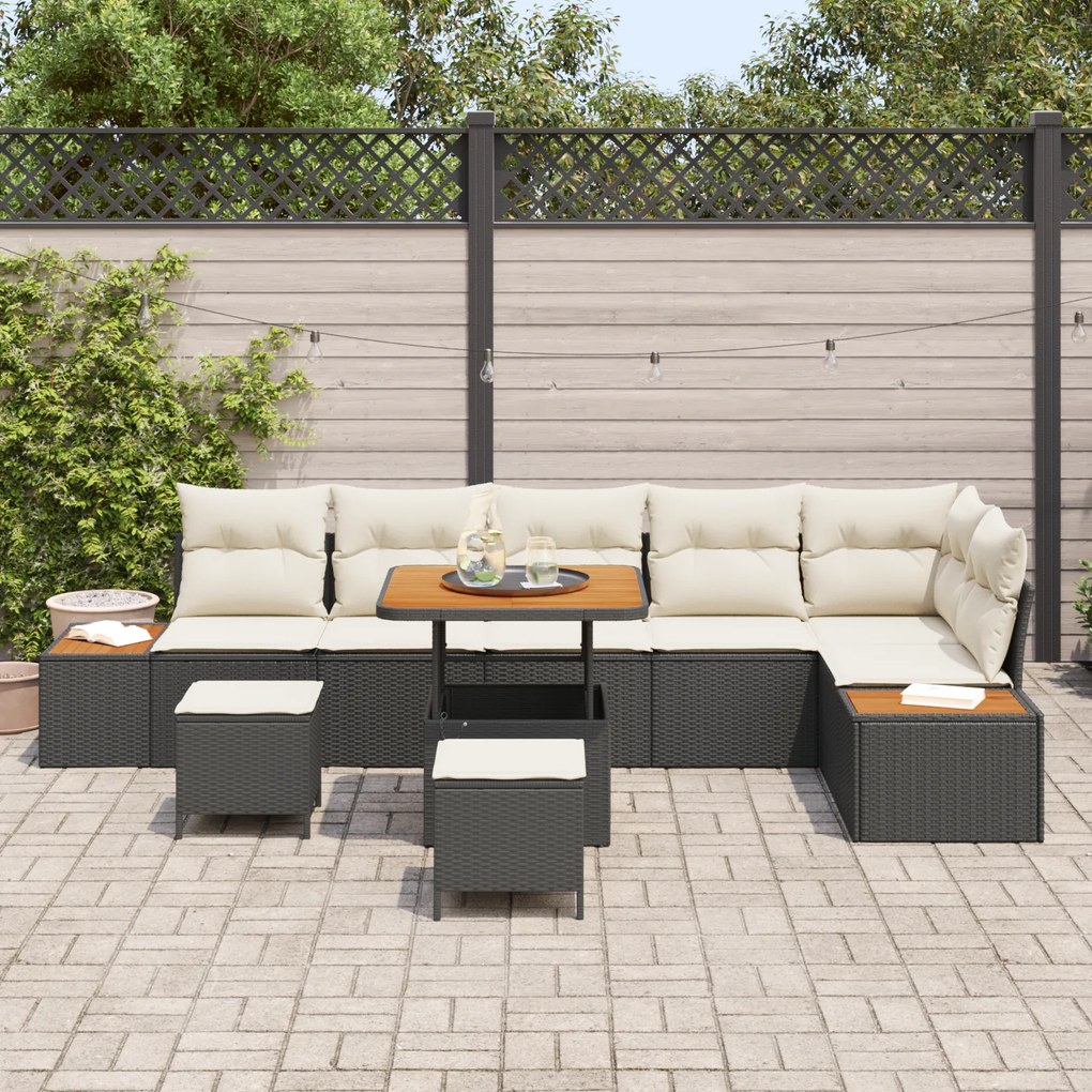 Conjunto de Sofá de Jardim de 9 Peças com Almofadas Preto Rattan Polím