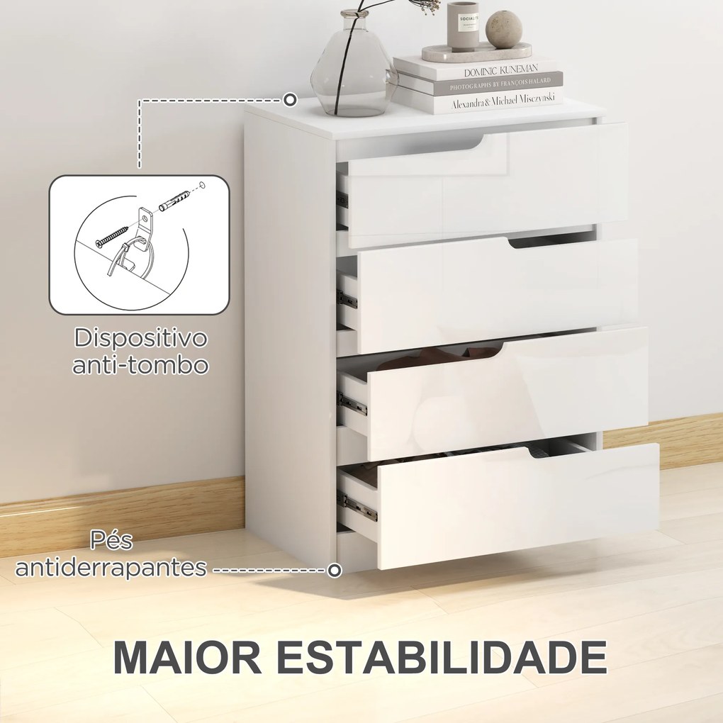 Cómoda com 4 Gavetas Cómoda de Dormitório Moderna com Sistema Anti-Tombo 60x40x85 cm Branco