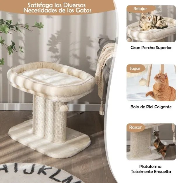 Arranhador gatos pequenos Torre de actividades com suporte de pelúcia e poste de arranhar de sisal 59 x 39,5 x 50 cm Bege