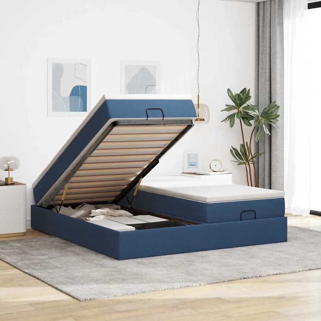 vidaXL Estrutura de cama otomana com colchões 160x200cm tecido azul