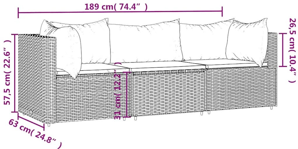 3 pcs conjunto lounge jardim c/ almofadões vime PE castanho