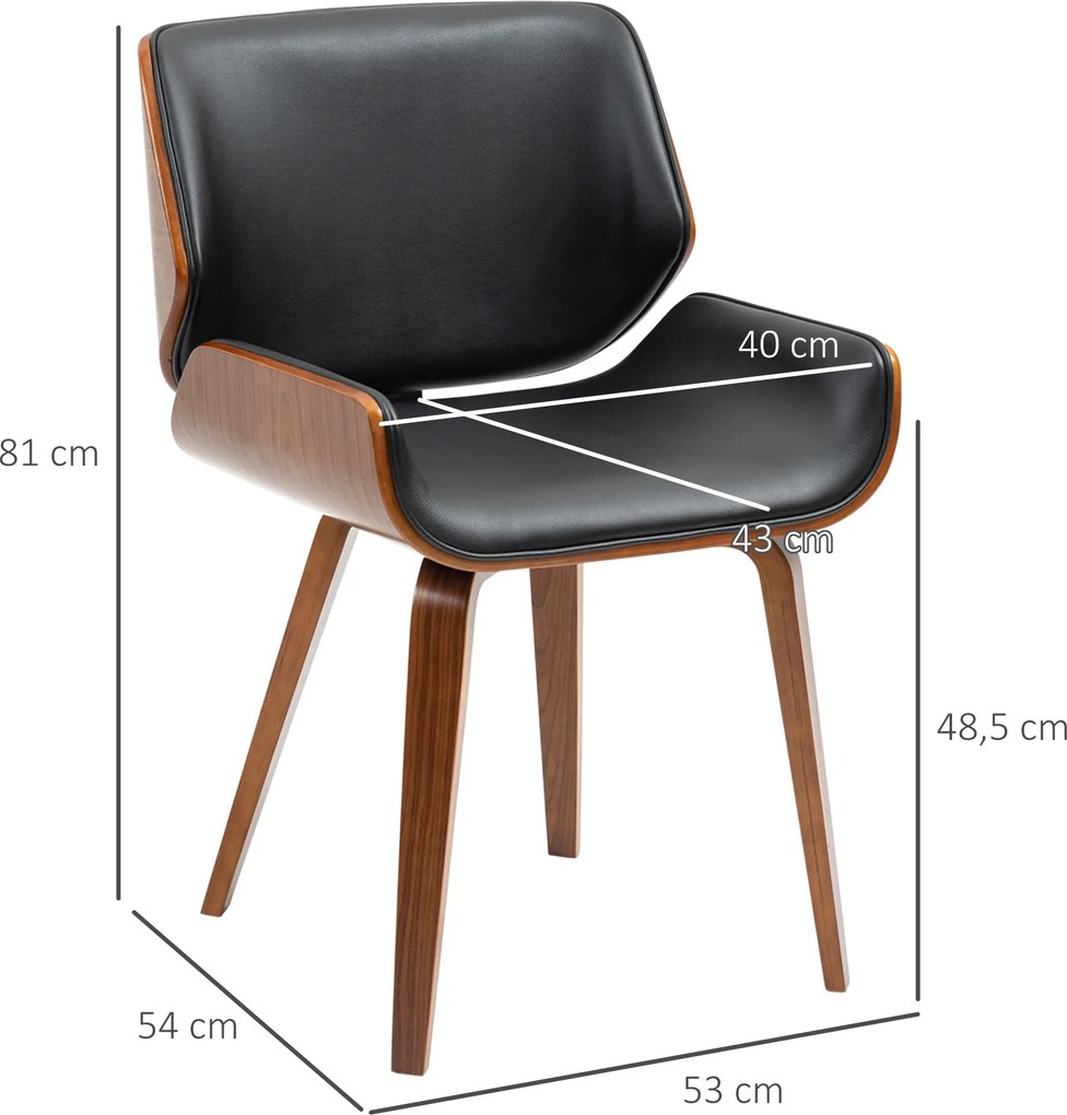 Conjunto de 2 Cadeiras de Jantar com Pés de Madeira Estofadas em Couro Sintético Encosto Curvado 53x54x81 cm Preto
