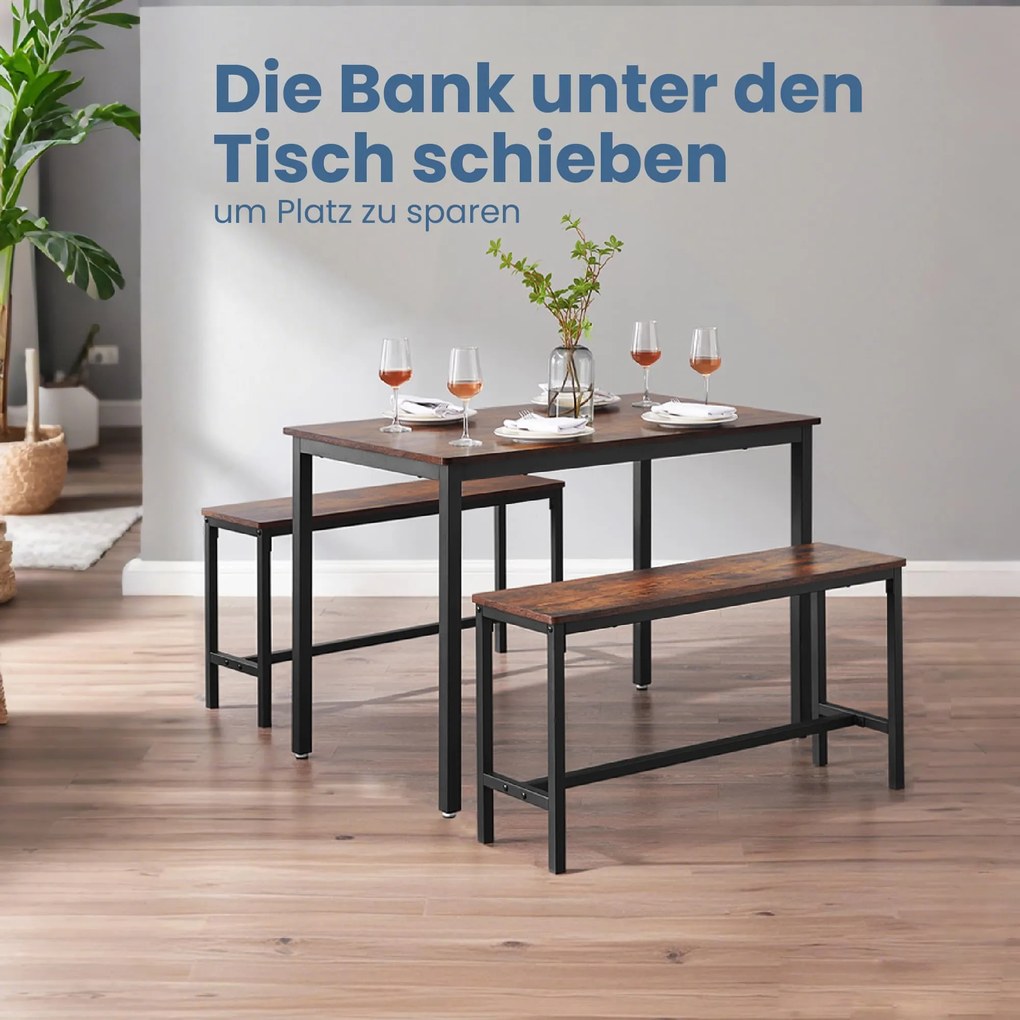 Conjunto de mesa de cozinha alta com 2 bancos corridos castanho Vintage -preto