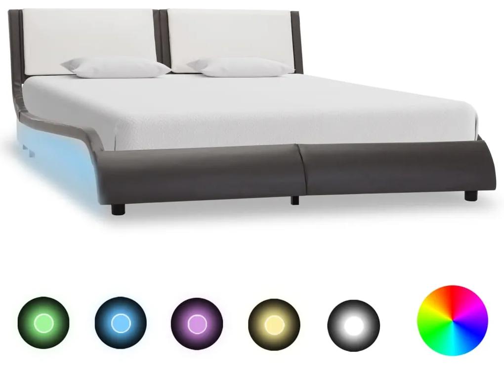 280476 vidaXL Estrutura de cama com LED 135x190 cm couro art. cinza e branco