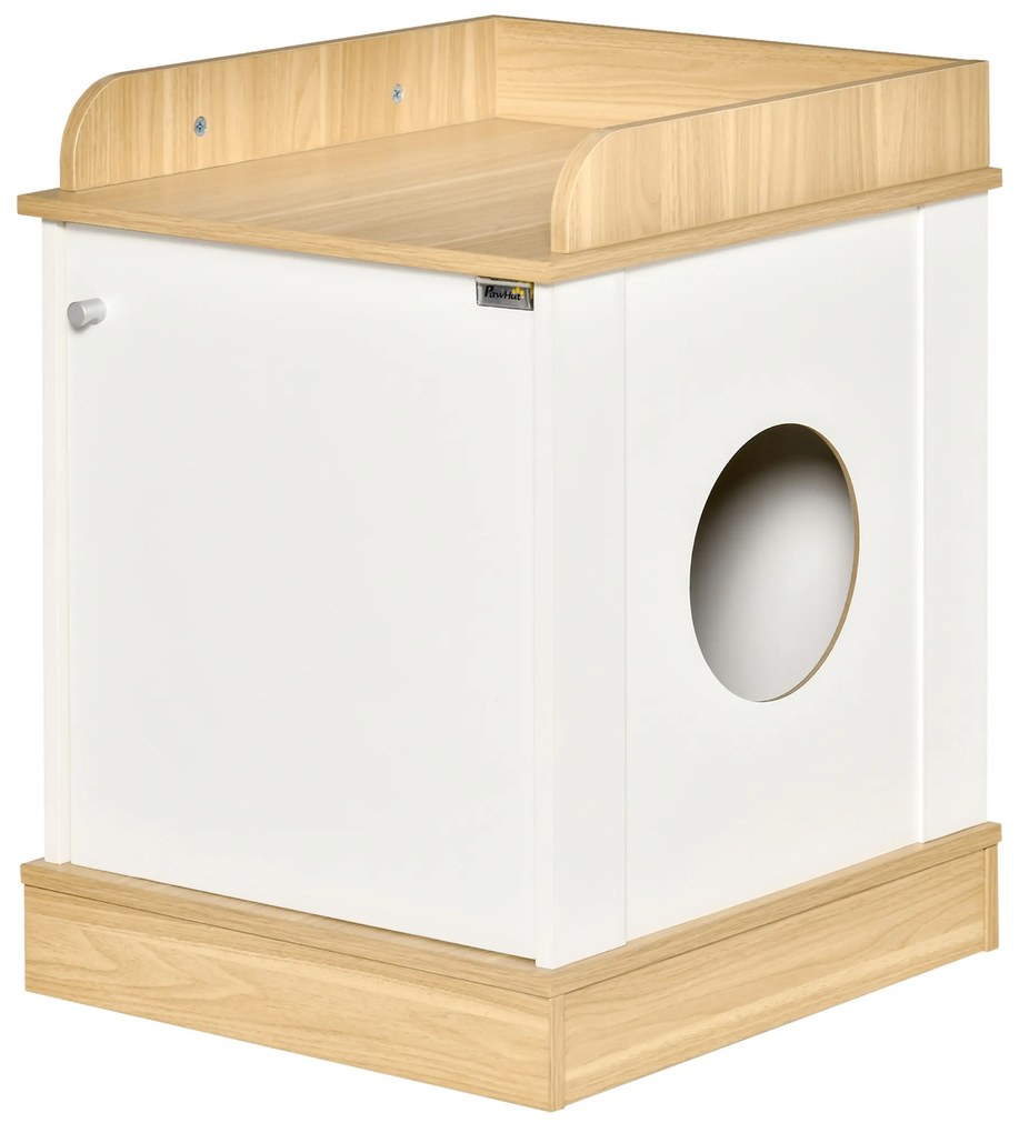 Casa para Gatos de Madeira Móvel Caixa de Areia para Gatos 2 em 1 com Bancada de Armazenamento Porta e Orifício de Entrada Lateral 48,5x53x67cm Branco