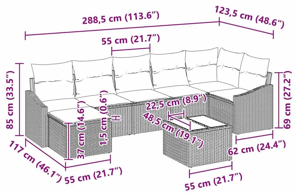 Conjunto de Sofá de Jardim de 8 Peças da com Almofadas de Rattan Preto