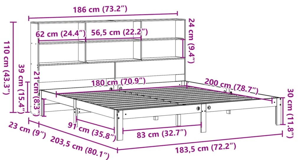 Cama com estante sem colchão 180x200 cm pinho maciço branco