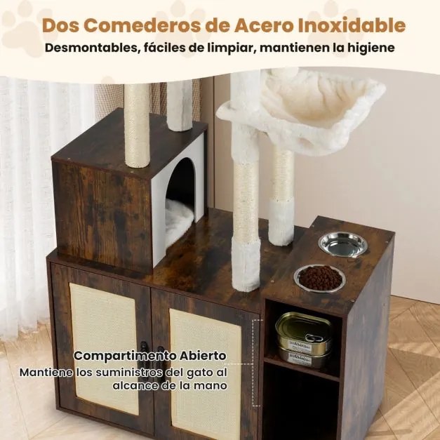 Arranhador para gatos 2 em 1 com movel para caixa de areia (CAIXA AREIA NÃO INCLUIDA) 87 x 45 x 161 cm, e estação de alimentação Café