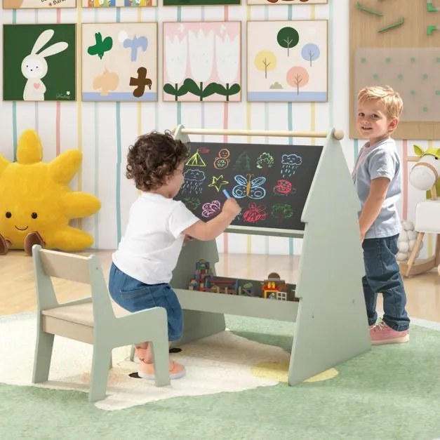 Conjunto de quadro negro de dupla face para crianças com banco com suporte para rolo de papel Estante verde
