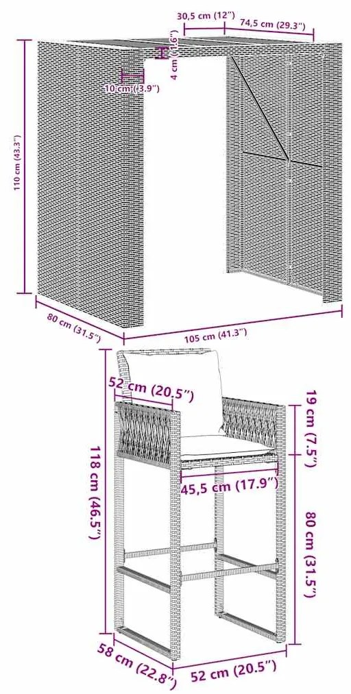 5 pcs conjunto de bar jardim c/ almofadões vime PE/acácia preto