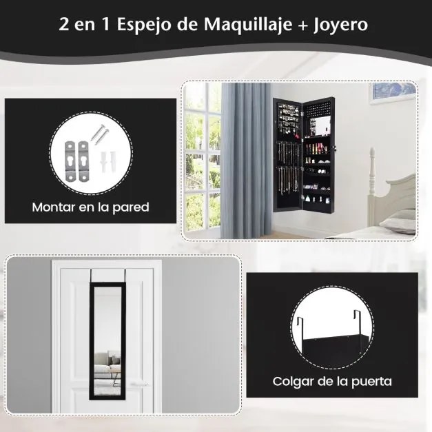 Espelho de jóias 12 LEDs Armario de parede Organizador de jóias Caixa de jóias 37 x 8,5 x 120 cm Preto