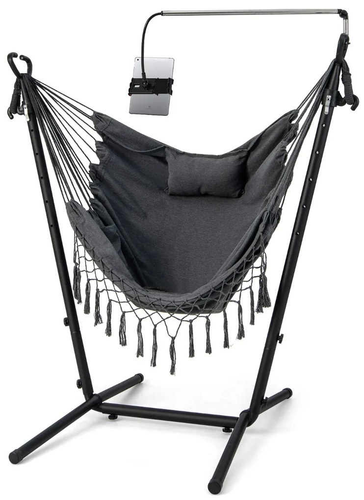 Rede descanso jardim com Suporte e Porta-Telemóvel Suspensa com Altura Ajustável Almofada e Bolso Lateral 152 x 107 x 96-146 cm Cinza