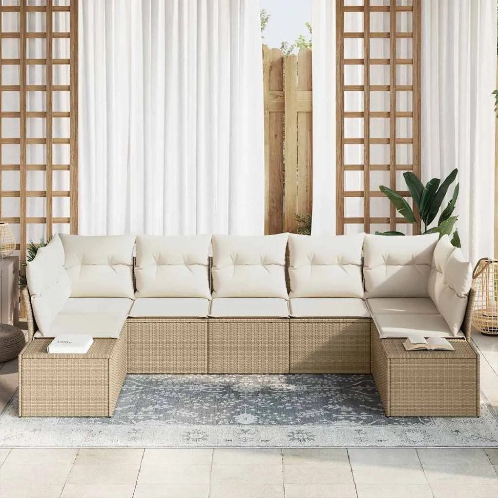 Conjunto de Sofá de Jardim de 7 Peças da com Almofadas Beges em Rattan