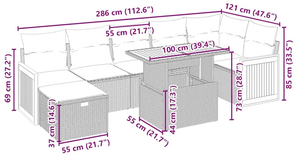 8 pcs conjunto de sofás p/ jardim com almofadões vime PE bege