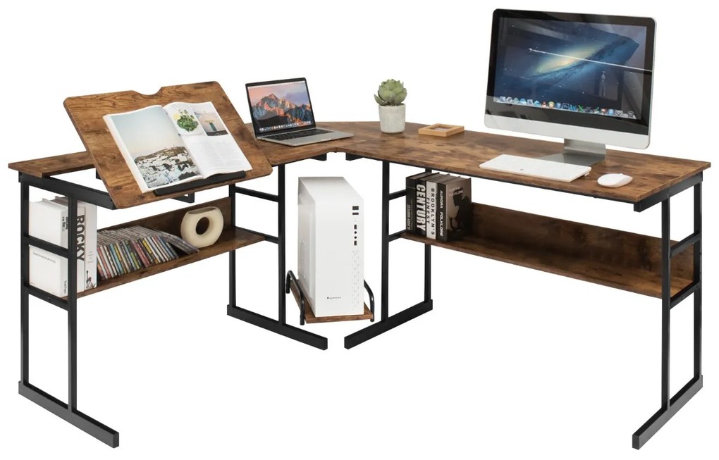 Secretária de canto moderna em forma de L, com mesa de desenho inclinável com prateleira inferior, estrutura em metal - Castanho Escuro