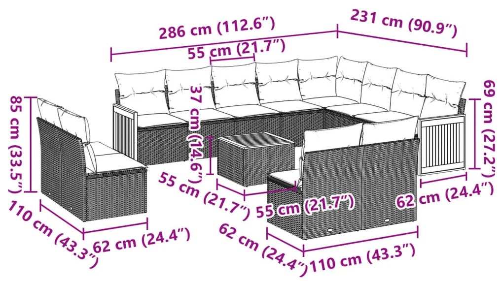 13 pcs conjunto sofás p/ jardim c/ almofadões vime PE cinzento