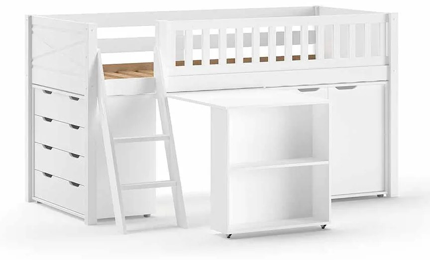 Conjunto cama Infantil SCOTT + Secretária, + Armário 2 + Cómoda com 4 gavetas Branca
