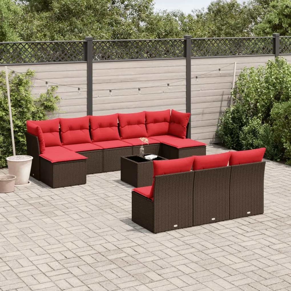 vidaXL 11 pcs conjunto sofás de jardim c/ almofadões vime PE castanho