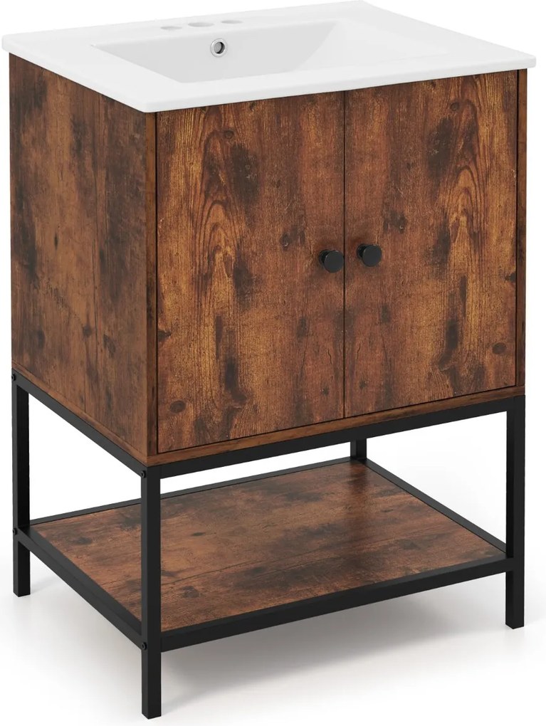 Armário de casa de banho com lavatório em cerâmica com arrumação sob o lavatório com 2 portas Castanho rústico
