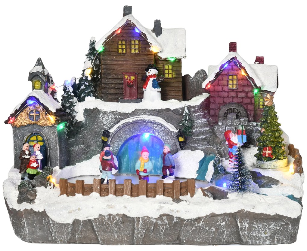 HOMCOM Aldeia de Natal Cena Decorativa de Natal Iluminada com Luzes LED Árvore Giratória e Pista de Patinagem Decoração de Natal de Mesa 32x25,5x24cm Multicor