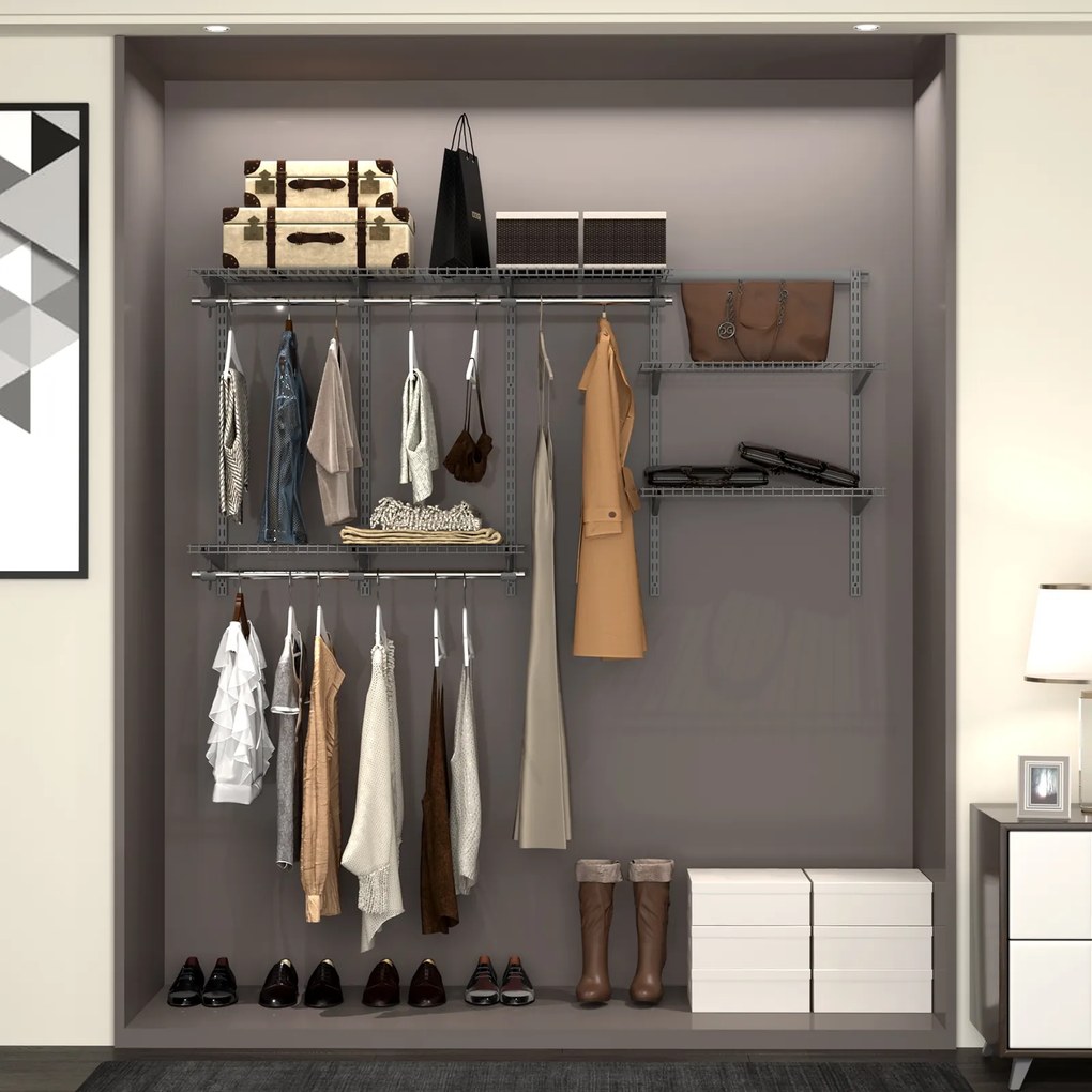 Kit Organizador de Roupa Personalizado Sistema de Prateleira Flexível para Quarto 182,8 x 92 x 38,7 cm Cinzento