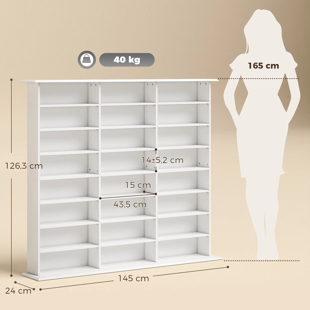 Móvel de arrumação 145 (L) x 24 (P) x 126,3 (A) cm para 1032 CDs / 594 DVDs, estante multimédia, 24 compartimentos e 18 prateleiras ajustáveis, branco