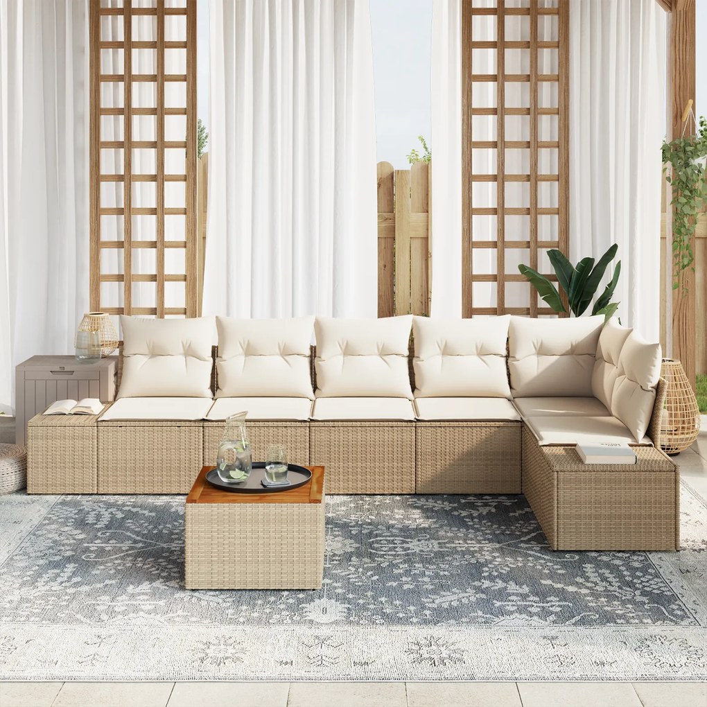 Conjunto de Sofás Jardim de 7 Peças com Almofadas Bege Rattan Acácia