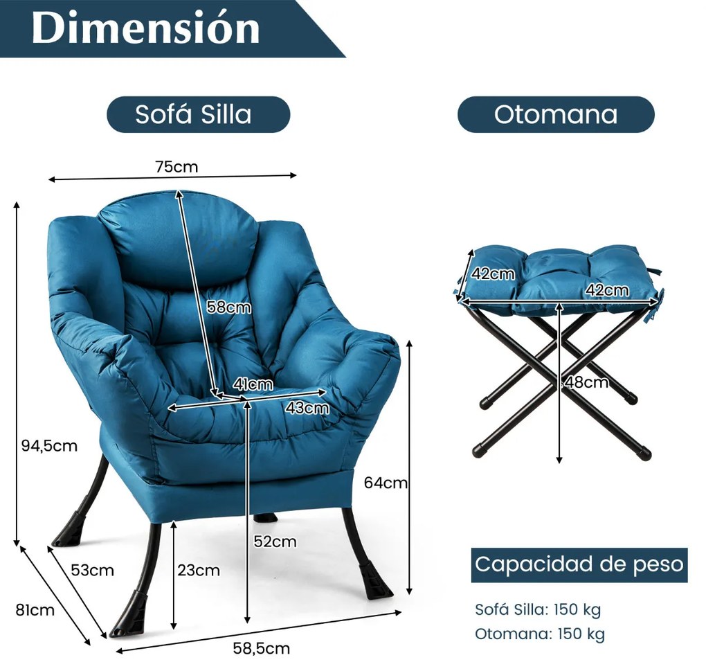 Poltrona reclinável com poltrona de lazer com apoio pés com travesseiro, apoio para os pés, sofá para sala de estar, quarto, 75 x 81 x 94,5 cm Azul