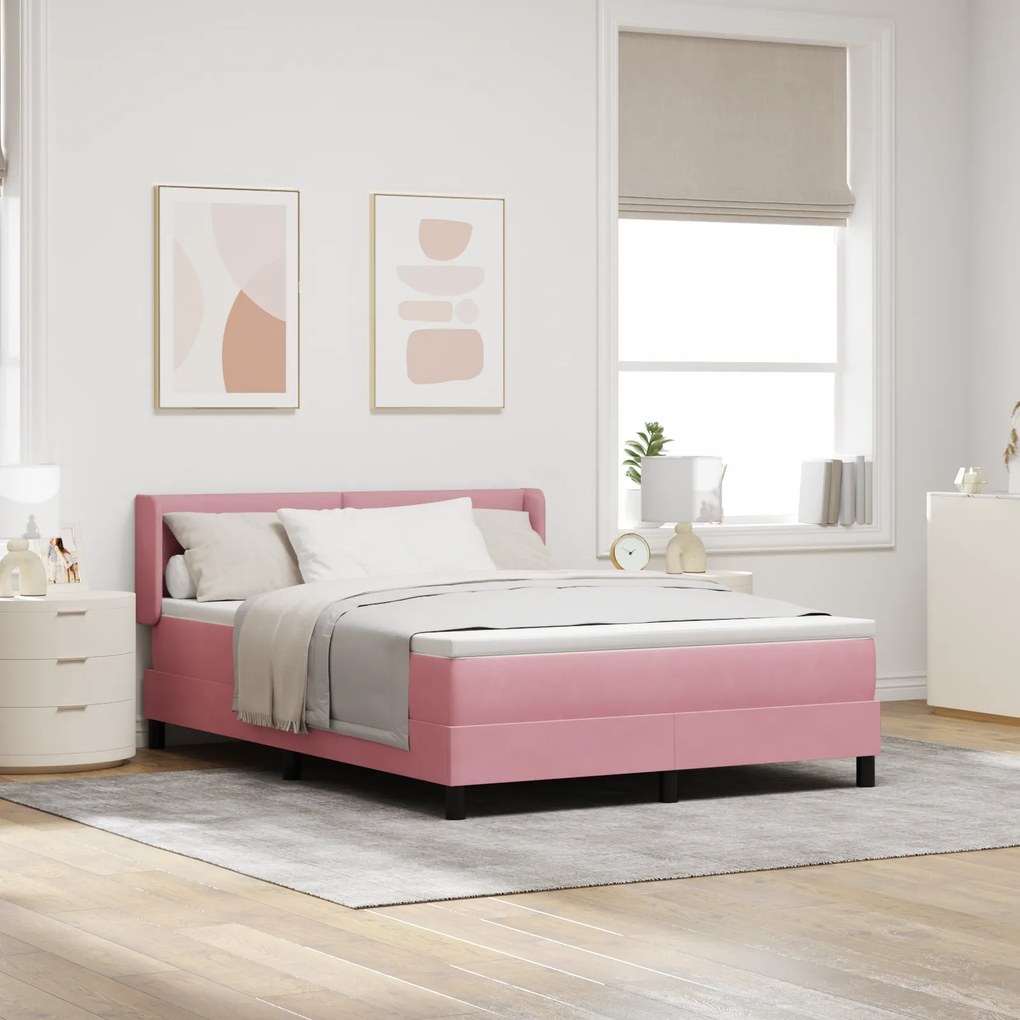 Cama Box de Molas com Colchão Rosa 140x200 cm Veludo