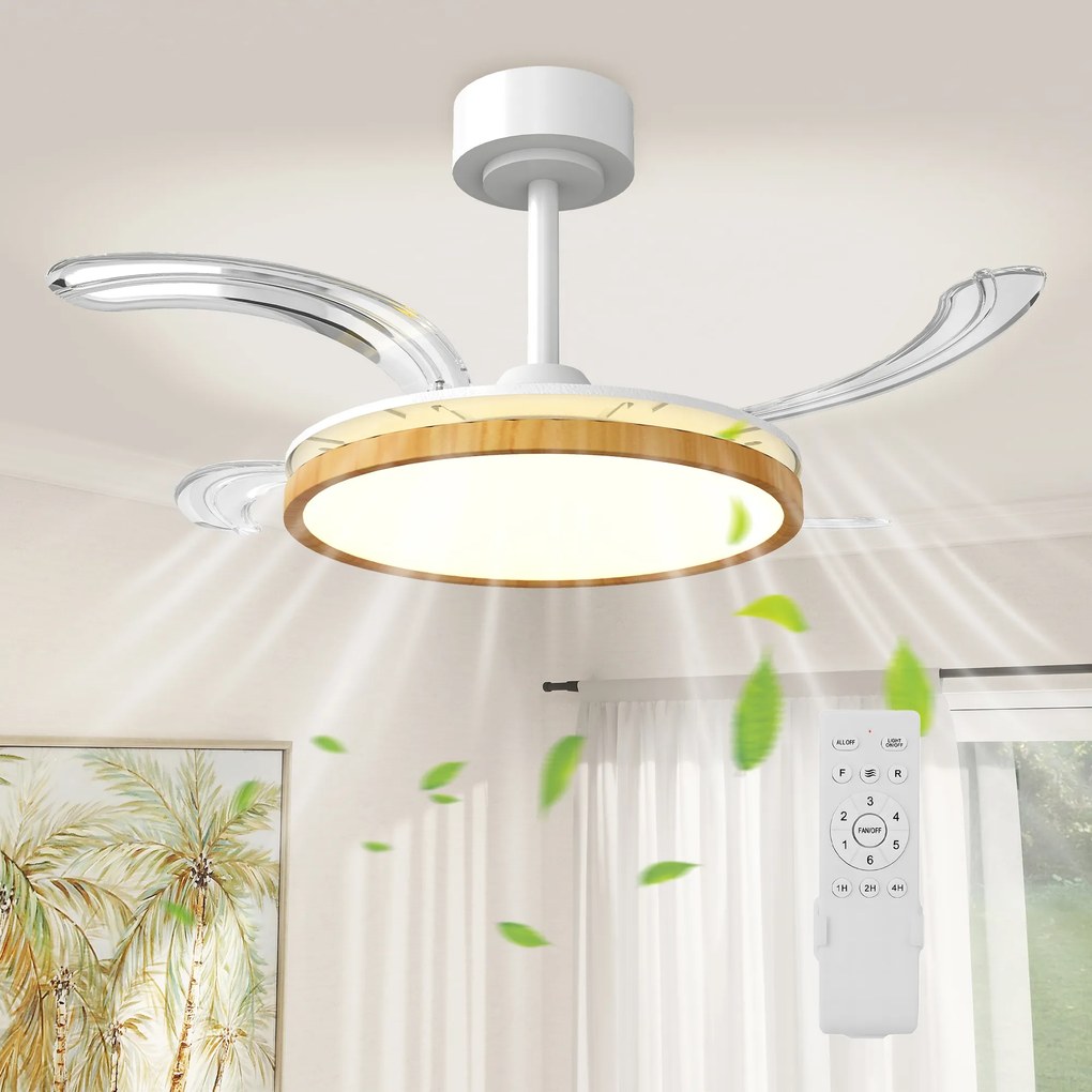 Ventoinha de Teto com Luz LED 80 W Motor DC Reversível Controlo Remoto 6 Velocidades Temporizador Ø95 cm Branco e Madeira