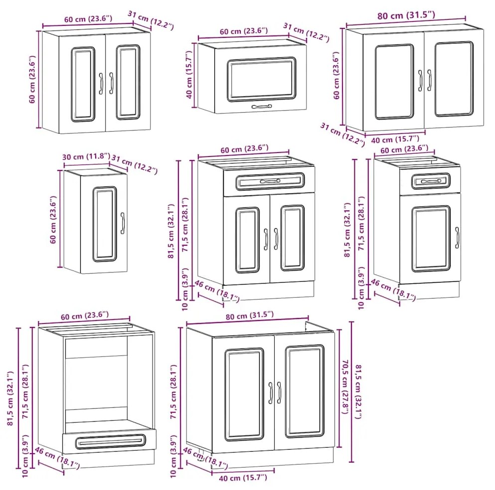 8 peças armário de cozinha conjunto Kalmar madeira velha