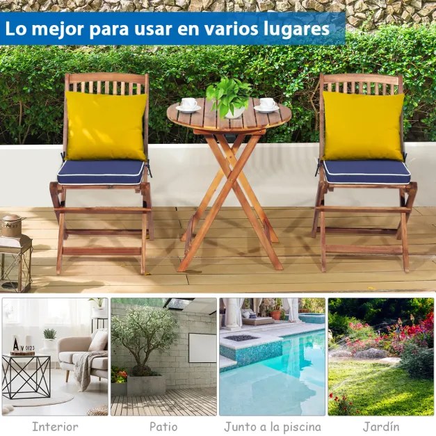 Conjunto 5 Peças Móveis Bistro de Madeira 2 Cadeiras com Almofada Mesa de Madeira de Acácia Mesa de Exterior Dobrável para Terraço Jardim Piscina Azul