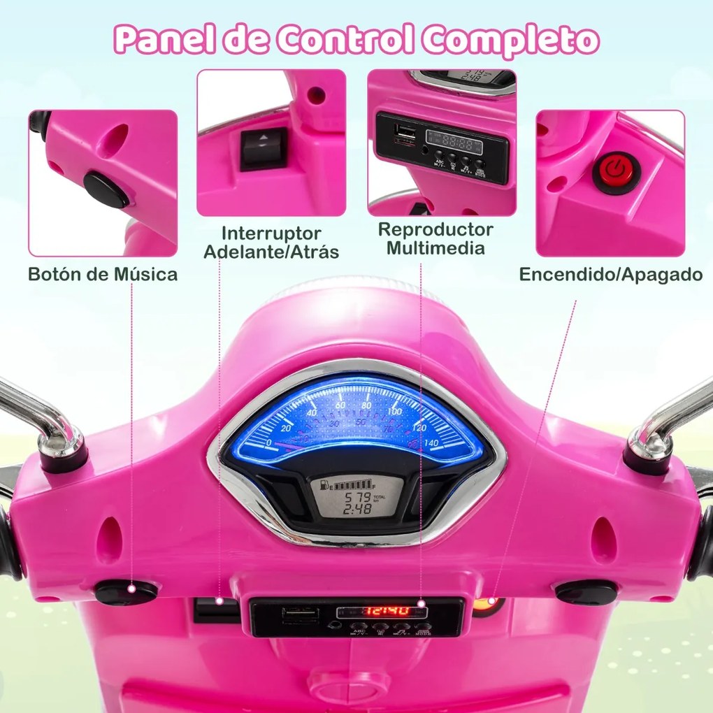 Mota elétrica para crianças de 12 V com 4 rodas, música, luzes LED, rodas de treino, motor duplo de 30 W e design retro-chique para crianças dos 3 aos