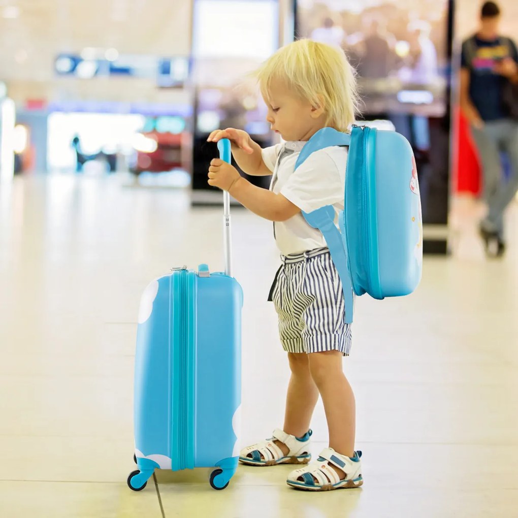 Conjunto de 2 malas de mão infantil com rodas, mala dura, mochila portátil, bagagem rolante Azul