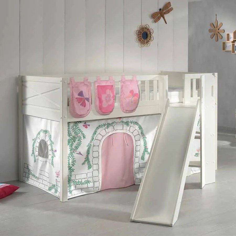 Conjunto cama Infantil SCOTT + escorrega + cortina de brincar BIRDY + 3 bolsos de arrumação Branca