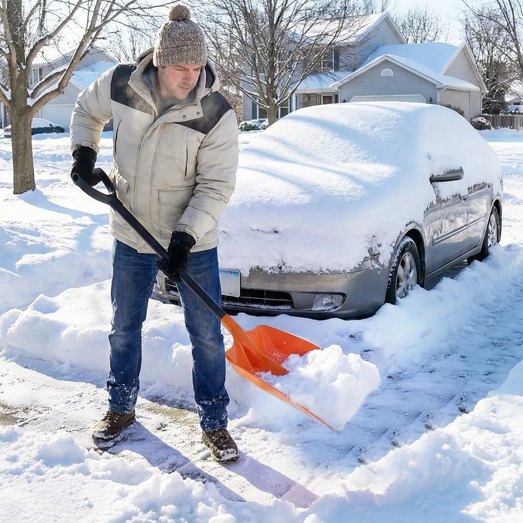 Pá de neve portátil leve com cabo de alumínio e pega ergonómica para entradas, passeios, jardins Laranja