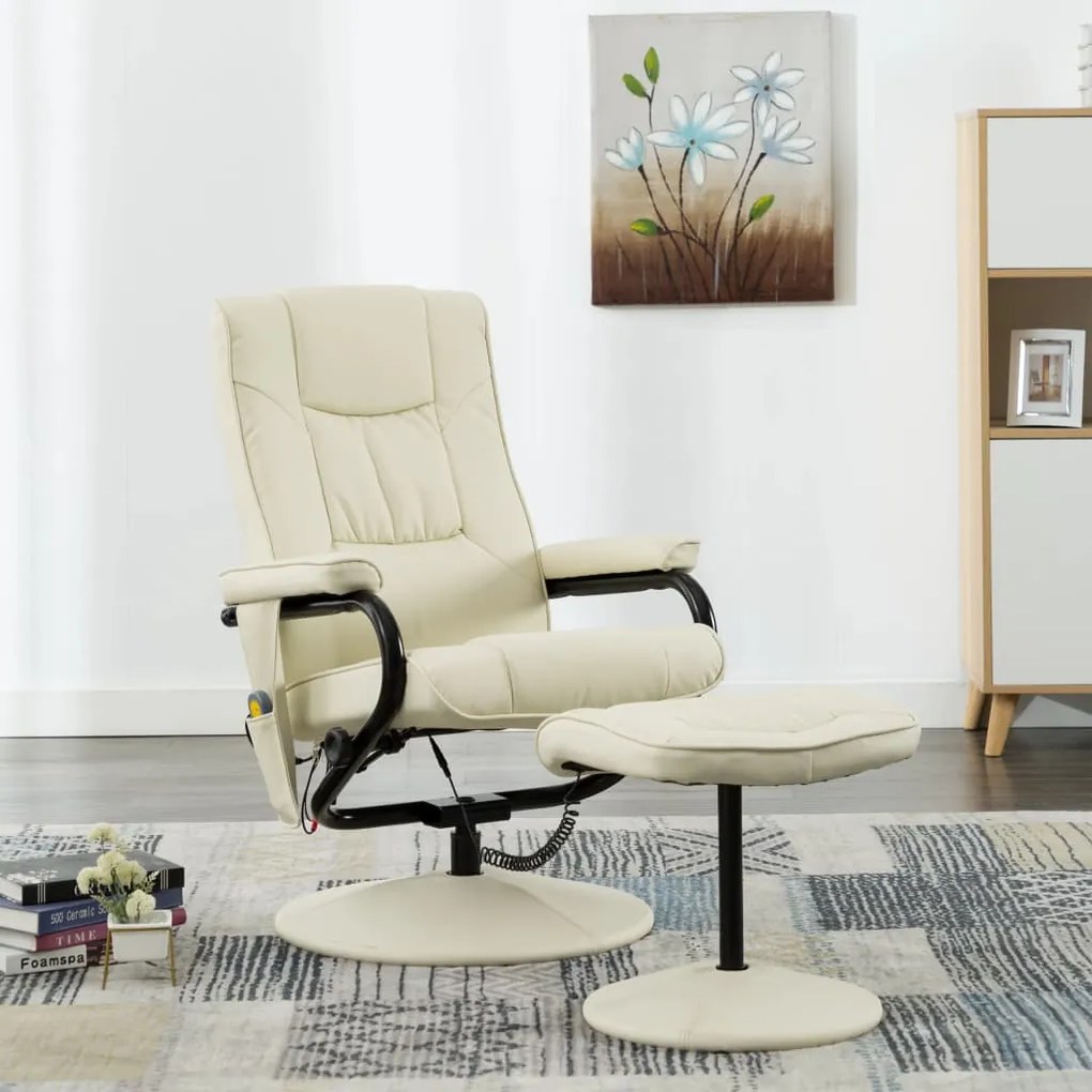 vidaXL Cadeira de massagens c/ apoio de pés couro artificial creme